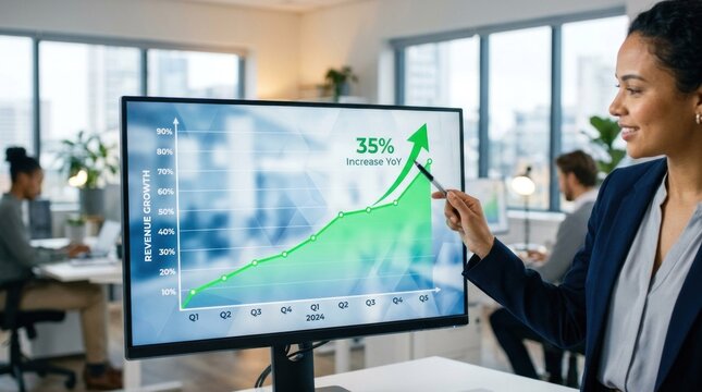 A businesswoman standing in an office, pointing to a large computer monitor displaying a green and white graph with the text '35% Increase YOY Growth'
