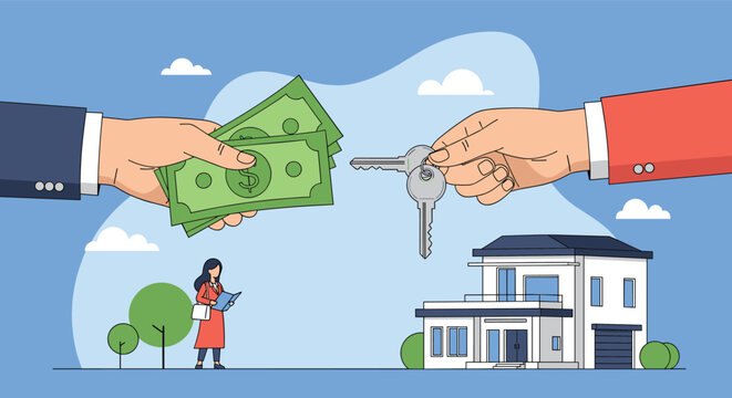 Real estate transaction showing hands exchanging money for house keys in front of a modern residential home under a blue sunny sky.