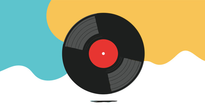 Classic black vinyl record spinning against a colorful abstract background with blue and yellow shapes for music and nostalgia themes.