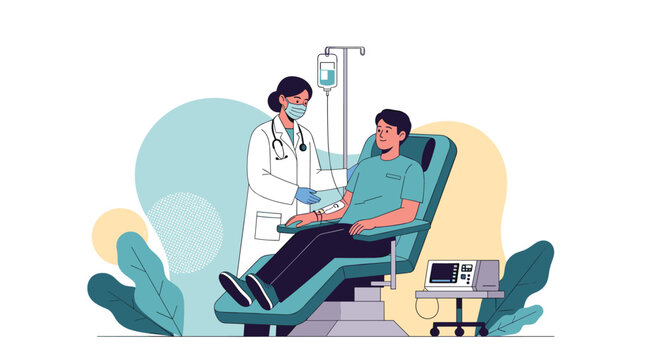 Medical professional in a mask and white coat treats a patient sitting in a comfortable clinic chair during a blood donation process.
