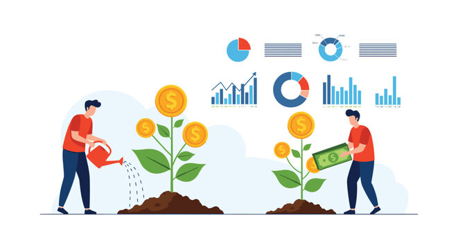 Two men watering and caring for money trees that grow gold coins with financial performance charts in the background.