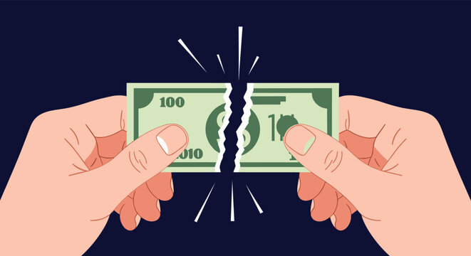 Close-up view of two hands tearing a hundred-dollar bill in half against a dark blue background for financial loss concept.