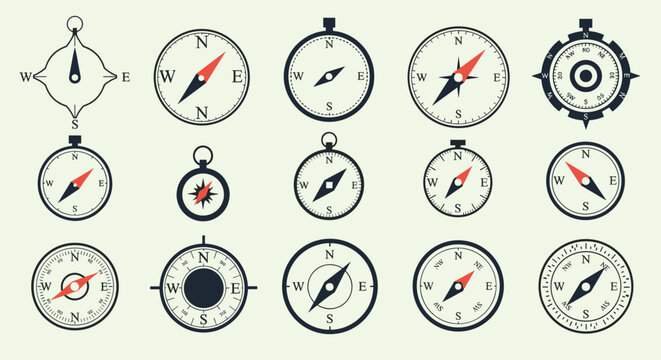 Extensive collection of vintage and modern compass designs for navigation, orientation, and directional travel concepts.