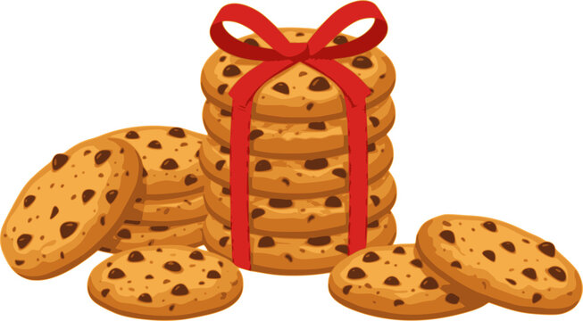 vector illustration of chocolate chip cookies. group of biscuit cookie stack with red ribbon isolated on white background. flat graphic design
