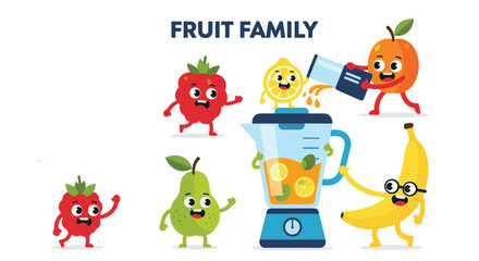 Naklejka premium Cute cartoon fruits including orange, banana, pear, and raspberries interacting with a blender in a fun fruit family illustration.