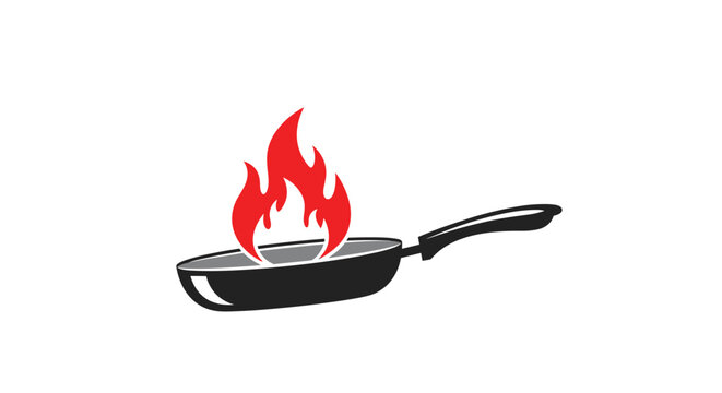 Black frying pan with bright red flames depicting high-heat cooking or a kitchen fire hazard in a clean vector style.