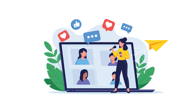 Professional host conducting an online seminar or podcast with several participants via a video conferencing app.
