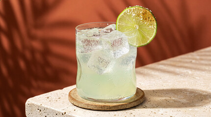Cold and refreshing lime cocktail with ice and a salt rim on a stone surface. Refreshing lime and soda cocktail with ice and a lime wedge garnish on a textured surface with palm leaf shadows © Studio Fiuza
