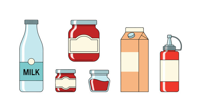 Set of everyday food and drink containers including a milk bottle, jam jars, a milk carton, and a ketchup bottle.