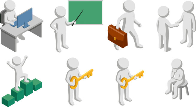 Isometric 3D Business Stick Figure Character Set with Office Presentation Handshake Success Graph Key and Thinking Poses for Corporate Digital Presentation Designs