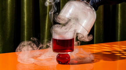 A bartender pours smoke from a glass cloche over a red cocktail in a unique glass on an orange table with green velvet curtains in the background © Studio Fiuza