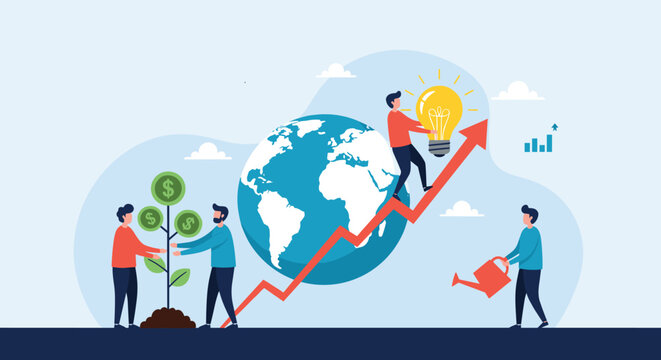 Diverse team works on global business growth by planting a money tree, watering it, and carrying a light bulb up a rising arrow.