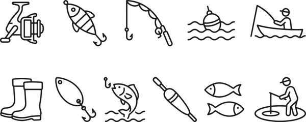 Fishing, Tackle, and Angling Line Art Vector Icon Set © Open Expression