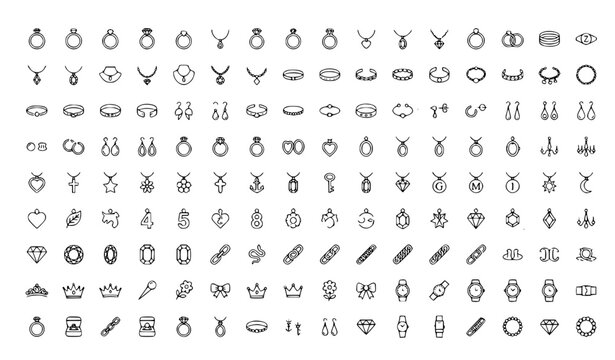 A collection of jewelry icons in a minimalist line art style