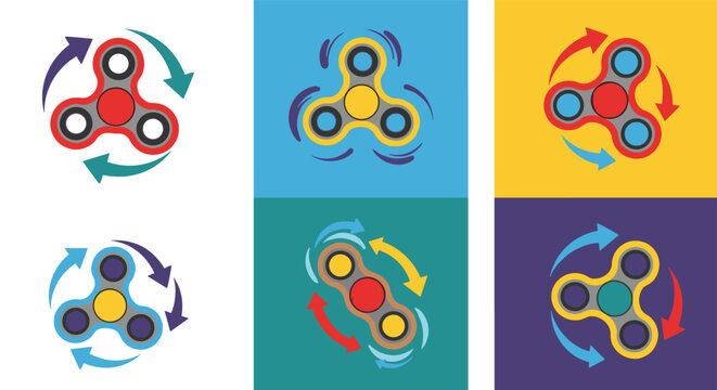 Variety of colorful fidget spinners in motion with spinning arrows on different bright background colors for stress relief and fun activity.
