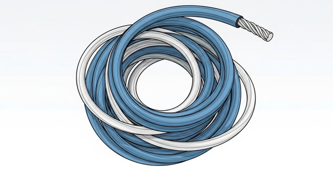 Rolled up industrial hydraulic hose with metal reinforcement.