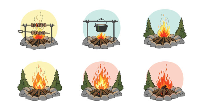 Collection of various campfire styles including fires for cooking with pots or skewers and simple logs burning in stone circles in nature.