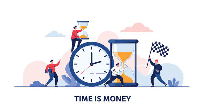 Tiny office workers managing time with clocks and hourglasses to represent productivity and business efficiency concept of time is money.