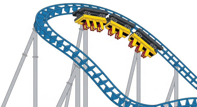Roller coaster ride with yellow cars on blue track.