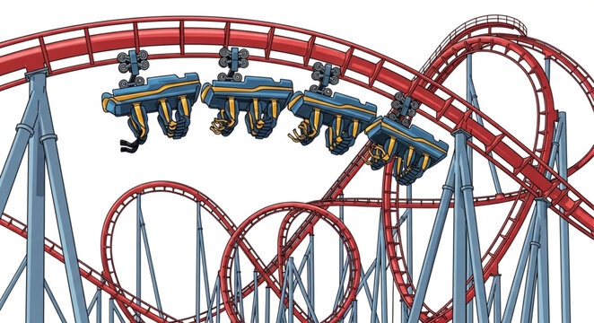 Roller coaster ride with people enjoying thrill.