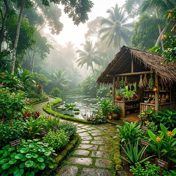 Immerse in the tranquil beauty of a Sri Lankan ayurveda healing garden filled with tropical medicinal plants, misty pathways, lotus ponds, and traditional herbal wellness surroundings. Inspired by anc
