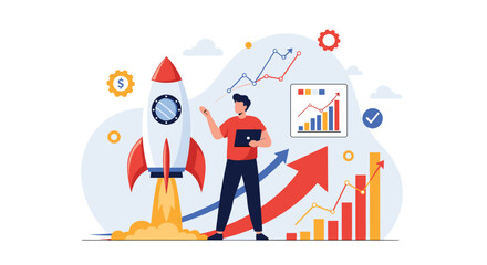 Fototapeta premium Successful business startup concept with young male entrepreneur using laptop and standing next to launching space rocket.