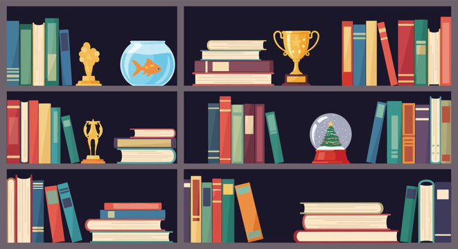 Wooden bookshelves filled with colorful books, academic trophies, a goldfish bowl, and a winter snow globe on a dark background.