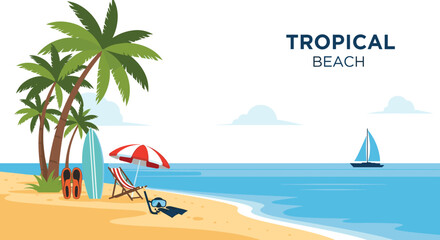 Obraz premium Tropical vacation scene with palm trees a surfboard beach chair and a sailboat on the calm blue ocean water.