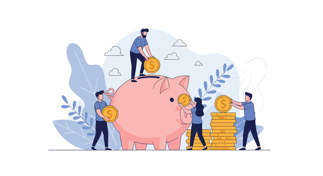 Financial savings concept with a group of people working together to put gold coins into a large pink piggy bank.