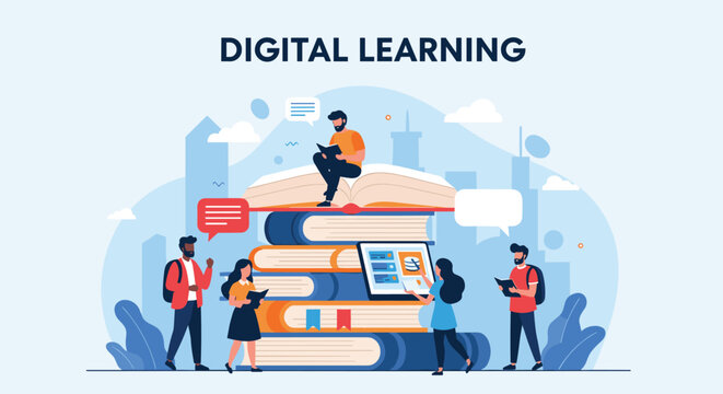 Modern digital learning concept with students studying around a giant stack of books and a laptop for education.
