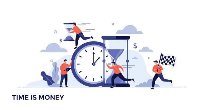 Efficiency and deadline concept showing people running around a large clock and hourglass for time management.