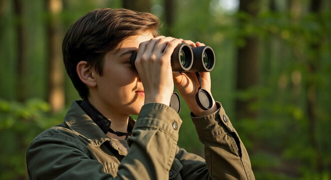 Teenager birdwatching in green forest, using binoculars to carefully observe nature. Enthusiastic teenager birdwatching, exploring natural habitat, developing outdoor skills.