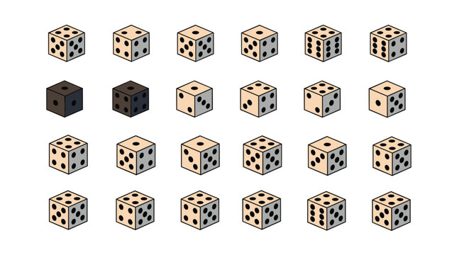 Large grid of standard beige dice showing different values with two dark brown dice for gaming and gambling.