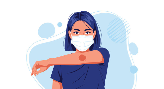 Vaccination awareness illustration featuring young woman wearing protective face mask and showing bandage on her arm after injection.