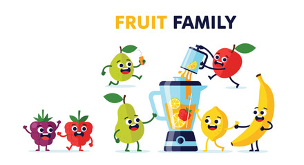Naklejka premium Group of cheerful cartoon fruit characters including apples and bananas making healthy fresh juice with an electric blender.