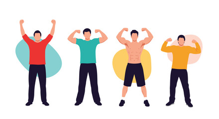Fototapeta premium Group of four athletic men in different colorful outfits showing off their muscular physiques and strong arm biceps muscles.