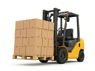 Naklejka premium Yellow forklift truck carrying a wooden pallet stacked with cardboard boxes on a white background.