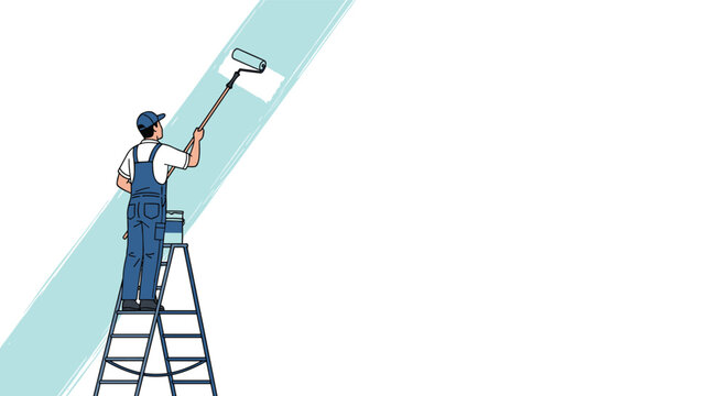 Male house painter standing on a tall metal ladder uses a paint roller to apply a broad stripe of light blue paint to a wall.