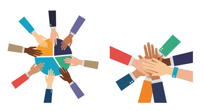 Diverse hands of business partners coming together over a colorful pie chart and stacking in a show of corporate unity and trust.