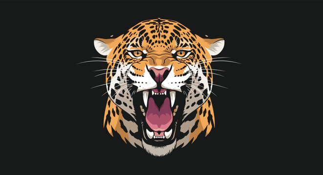 Fierce jaguar head with an open mouth showing sharp teeth and a loud roar against a dark black background in a wild animal style.