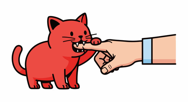 Cartoon red cat biting a finger playfully