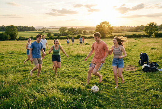 Group of happy young friends playing soccer on a green meadow at sunset