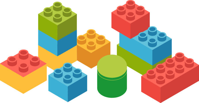 Isometric Plastic Building Blocks and Colorful Toy Bricks Set for Children Education Creative Learning Development and Playful Graphic Design Templates