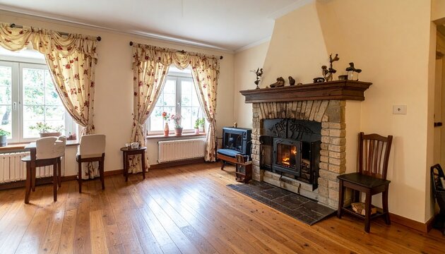 A cozy living room with a fireplace, wooden chairs, and a window with curtains, featuring a warm atmosphere and a TV.