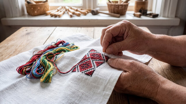 Eastern European embroidery folk pattern linen handmade textile craft heritage needlework on white fabric highlights symbolic ornament heritage clothing and artisan skill for cultural branding craft