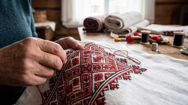 Eastern European embroidery folk pattern linen handmade textile craft heritage needlework on white fabric highlights symbolic ornament heritage clothing and artisan skill for cultural branding craft