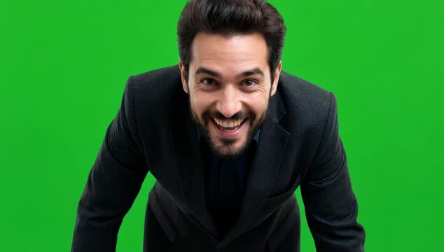 A charismatic man in a dark blazer stands against a vibrant green screen, capturing professional elegance and energy.