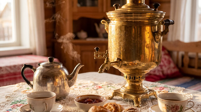 Eastern European brass samovar tea table vintage hospitality heritage tradition polished samovar with glasses and sweets on lace cloth evokes ceremonial tea culture family gatherings and nostalgic