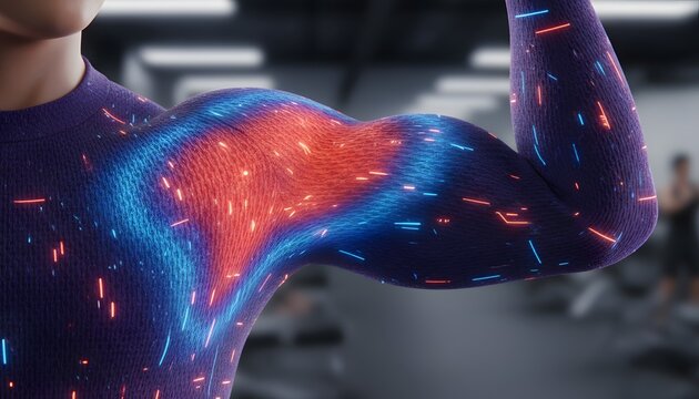 Close up of a flexing human bicep with glowing blue and red energy patterns set against a blurred gym background symbolizing fitness and technology