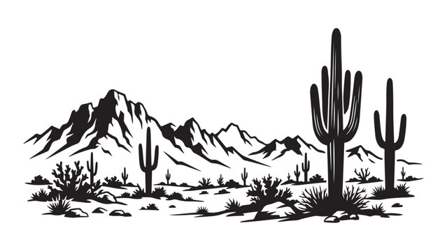 Iconic Desert Scenery with Saguaro Cacti and Mountain Range Silhouette